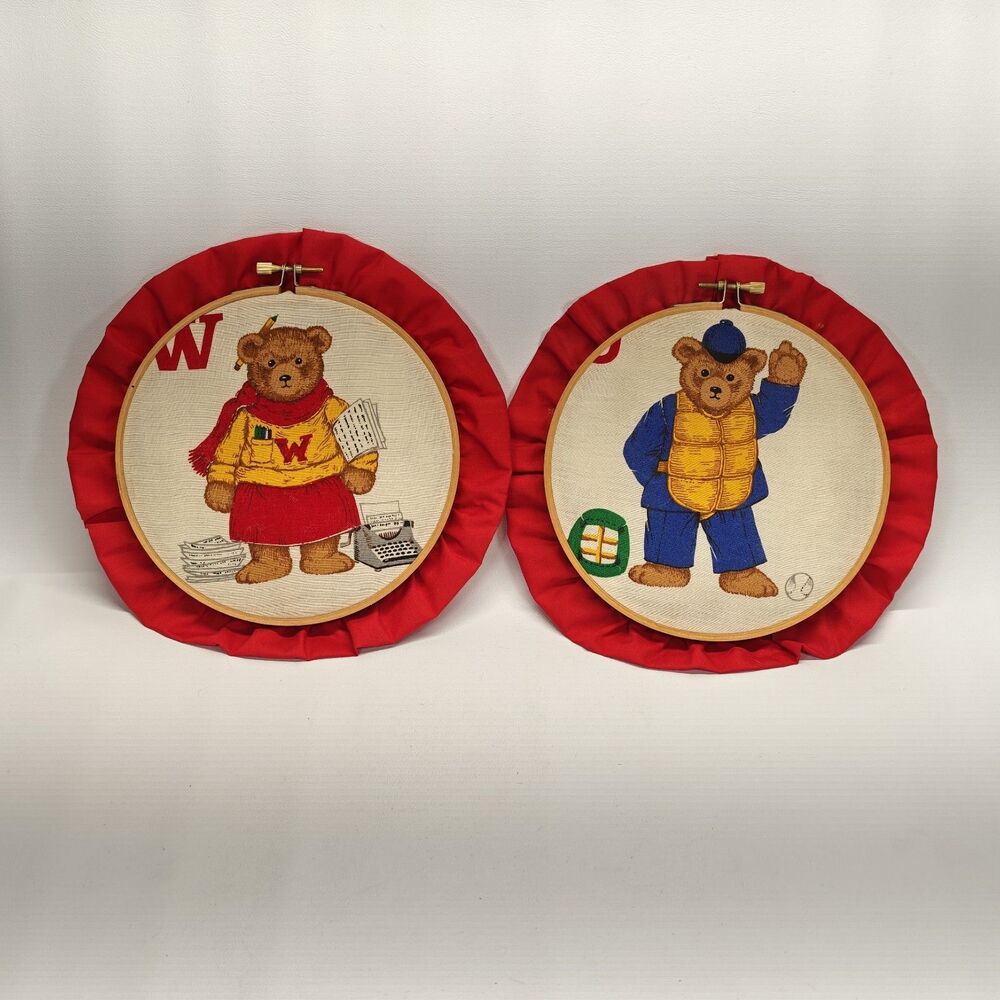 Vintage Teddy Bear Embroidery Hoop Wall Art Pair Red Ruffle Nursery Decor 2pc
